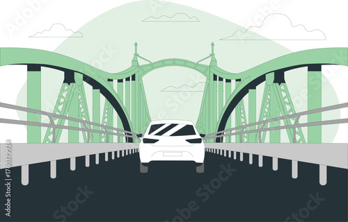 White car driving on a bridge with a green metal structure and clouds Keywords: car, automobile, vehicle, driving, bridge, road, transportation, travel, journey, commute, traffic, infrastructure