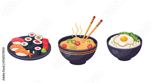 Assortment of Delicious Japanese and Asian Cuisine Dishes.
