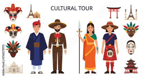Diverse Cultural Attire and Global Landmarks Representing a Cultural Tour.