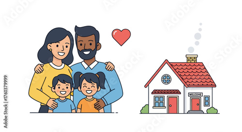 Happy Diverse Family with Children and Their Home Illustration.