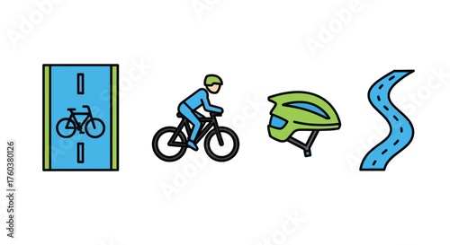 Cyclist Riding Bicycle with Helmet and Road Icon Set.