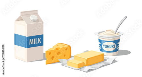 Assortment of Dairy Products: Milk carton cheese butter and yogurt.