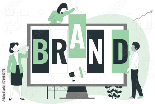 People assembling the word BRAND on a large screen with a megaphone and graph Keywords: brand, marketing, advertising, promotion, business, strategy, teamwork, people, man, woman, screen