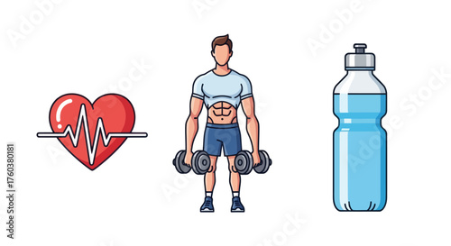 Fitness Icons: Heart Muscular Man with Dumbbells and Water Bottle.