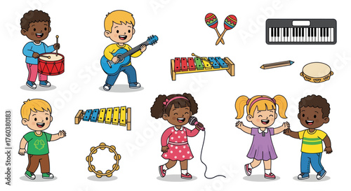 Diverse Group of Children Playing Musical Instruments Cartoon Style.