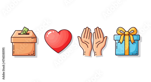 Charity and Giving: Donation Box Heart Open Hands and Gift Box Illustration.