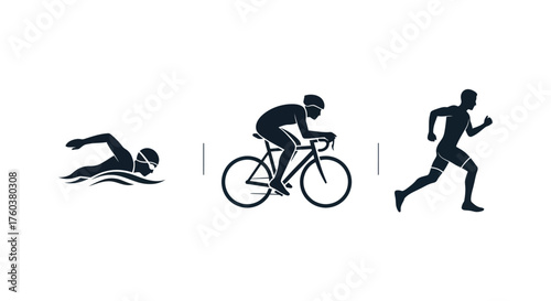 Triathlon Silhouettes: Swimming Cycling and Running Athletes.