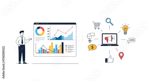 Digital Marketing Strategy and Business Data Analysis with Charts Graphs and Online Icons.