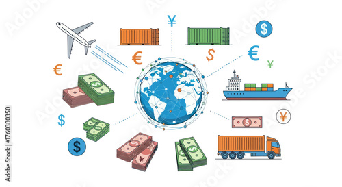 Global Trade and Commerce Network with Transportation and Currency Symbols.