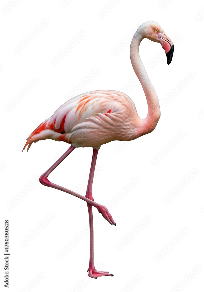Fototapeta premium High resolution pink flamingo standing on one leg stock photo, bird photography, wildlife animal image, exotic bird, tropical, nature, isolated on transparent background