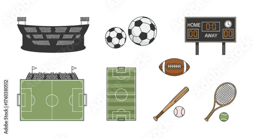 Collection of Sports Stadiums Balls and Equipment.