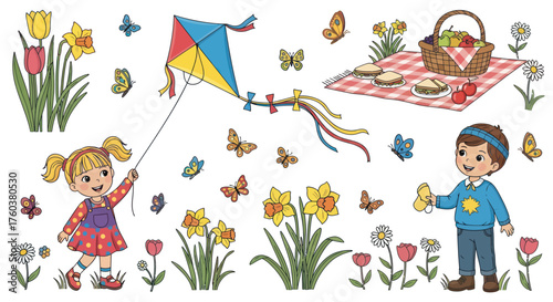Cheerful Children Enjoying Kite and Picnic with Spring Flowers.
