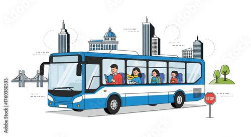 Blue and White City Bus Carrying Passengers Through Urban Landscape.