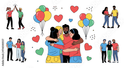 Diverse Group of People Celebrating Together with Hugs Balloons and Hearts.