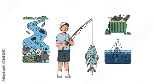 Cartoon fisherman in polluted river surrounded by trash and waste illustrating environmental problem.