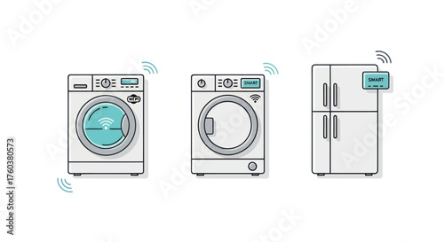 Illustrated Smart Home Appliances: Washing Machine Dryer Refrigerator.