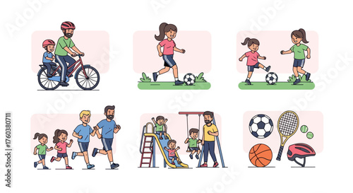 A collection of six cartoon illustrations showing families and children enjoying various outdoor sports and recreational activities together.