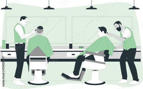 Two barbers cutting hair of two clients in a barber shop with mirrors and equipment haircut salon