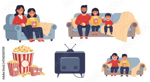 Families Watching TV Together on Sofas with Popcorn Enjoying Leisure Time.
