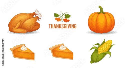 Festive Thanksgiving Food Collection: Roasted Turkey Pumpkin Pie and Corn.