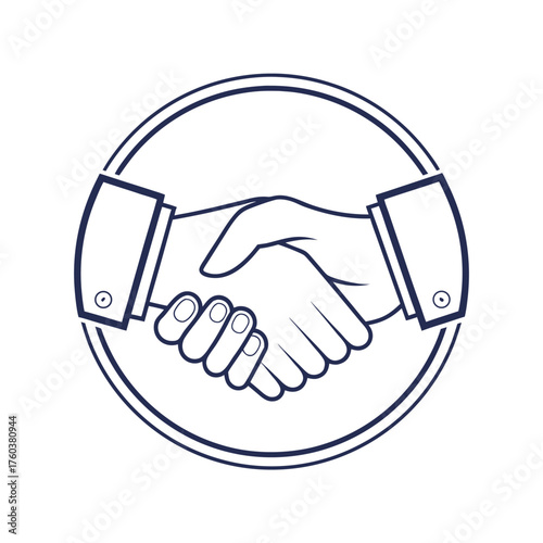 Line art illustration of a handshake inside a circle on a white background business