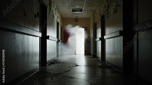 Dark Empty Hospital Corridor with Slight Light Coming Through a Doorway