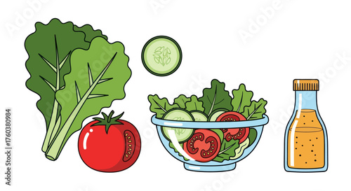 Fresh Salad Ingredients: Lettuce Tomato Cucumber and Dressing.