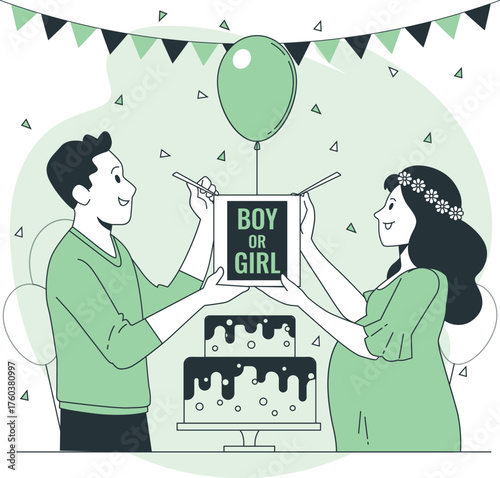 Couple celebrating a gender reveal party with a cake balloon and banner revealing boy or girl Keywords: gender reveal, baby, party, celebration, couple, pregnant, cake, balloon, banner, boy, girl