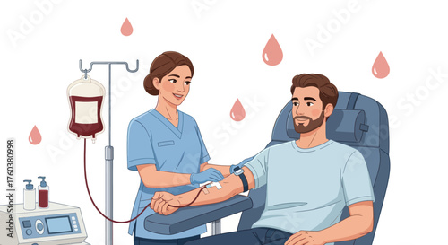 Nurse assisting a man donating blood in a medical chair.