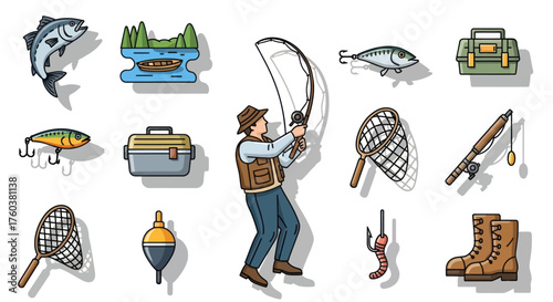 Fishing Equipment and Fisherman Illustration Set with Rod Fish Tackle Box and Boots.