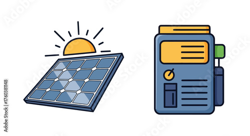 Solar panel with sun and portable power station device.