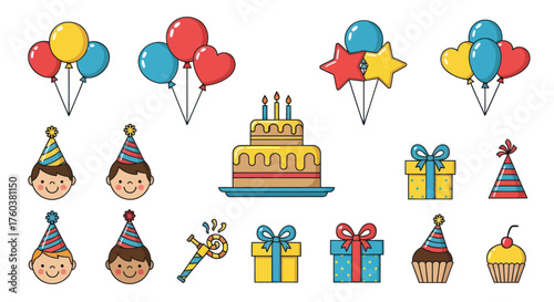 Colorful Birthday Party Elements: Balloons Cake Gifts Party Hats and Smiling Faces.