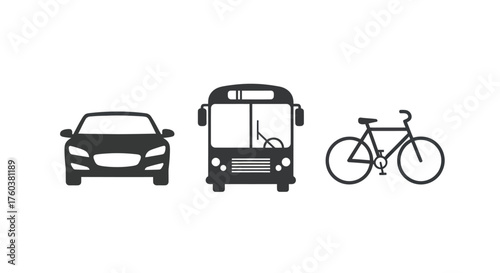 Black silhouette icons of car bus and bicycle representing various modes of transport.