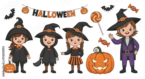 A cute collection of cartoon children in witch and wizard costumes celebrating Halloween with pumpkins and candy.