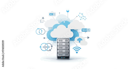 Modern Cloud Computing Concept with Server Rack Data Storage and Network Connectivity Icons.