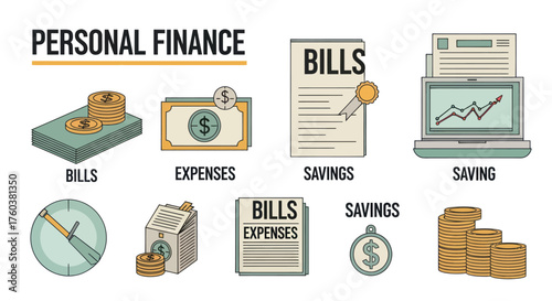 A collection of hand-drawn personal finance icons representing bills savings and expenses.