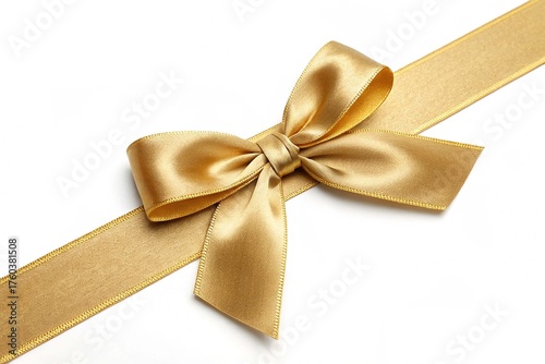 Golden gift ribbon with a bow tied in the center, horizontal layout. Isolated on white background