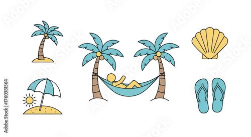 A colorful hand-drawn collection of summer beach vacation icons and tropical elements.