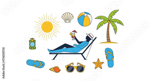 Woman Relaxing on Beach Chair with Cocktail Summer Vacation Elements.