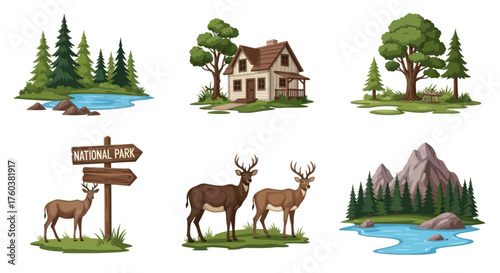 Outdoor Nature and Wildlife Park Elements Vector Illustrations Set.