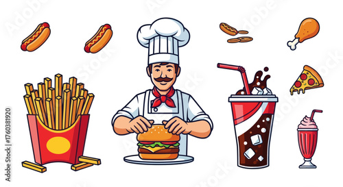 Cartoon Chef Preparing a Burger with Fries Soda Hotdogs Chicken Pizza and Milkshake.