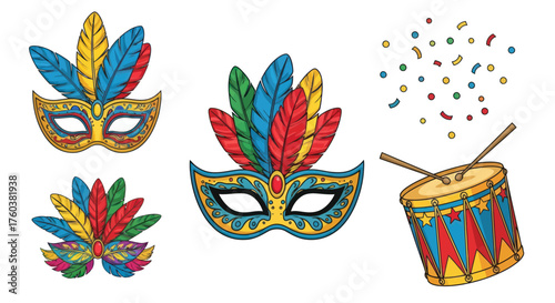 A colorful hand-drawn collection of festive carnival masks a drum and confetti.