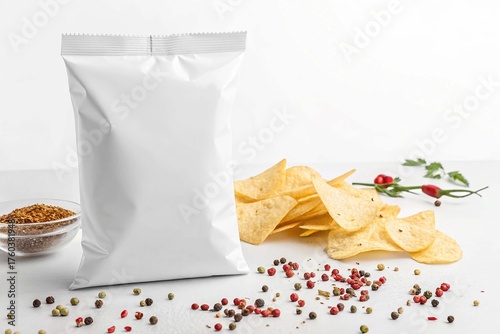 White blank snack bag mockup for chips, crisps or food packaging on white background