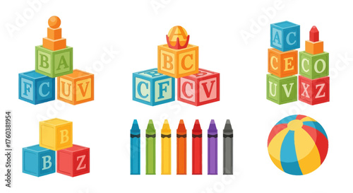 Colorful Childrens Educational Toys: Blocks Crayons and Ball.