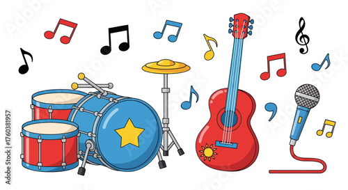 Colorful Cartoon Musical Instruments: Drums Guitar Microphone Notes and Cymbal.