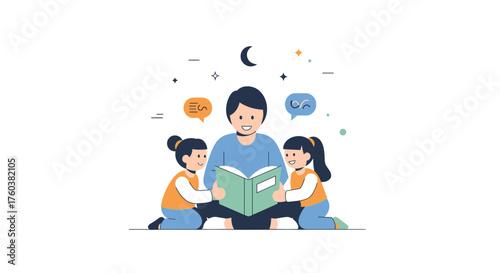Father reading a book to his two daughters illustrating a bedtime story.