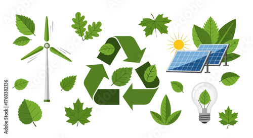 Eco-friendly renewable energy and recycling symbols with leaves.