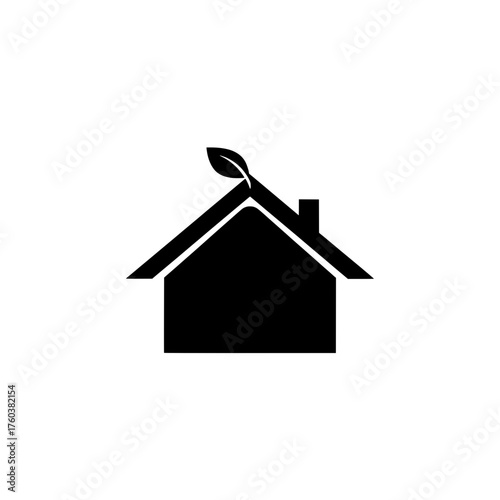 Eco-Friendly House Icon: A simple yet impactful silhouette of a house, symbolizing sustainable living. A single leaf elegantly adorns the roof, hinting at an environment-friendly focus.