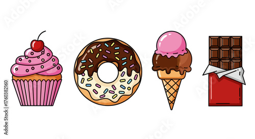 Colorful Dessert Collection: Cupcake Donut Ice Cream Cone and Chocolate Bar.