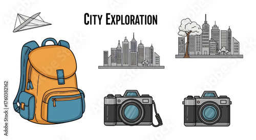 Hand-drawn City Exploration Travel Essentials Illustration Set.